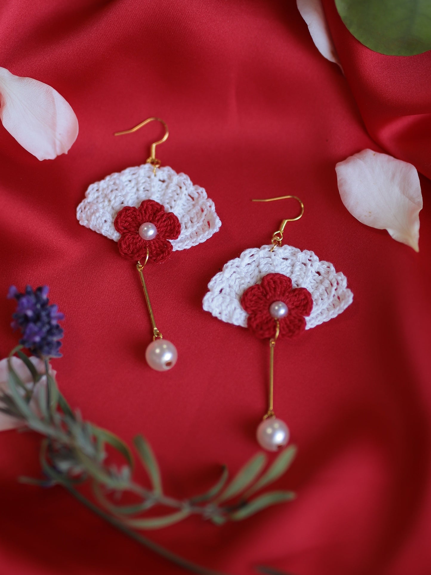 Oriental fan with red flower dangle earrings